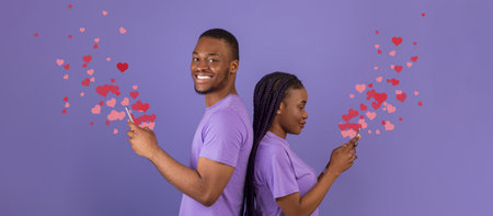 Couple celebrating love on St. Valentines Day with heartfelt messagesの写真素材