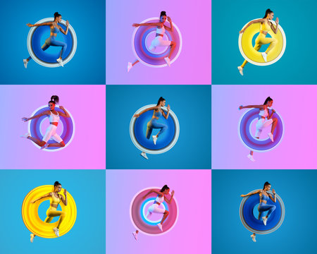 Dynamic athletic collage showcasing millennials engaging in fitness workoutsの写真素材