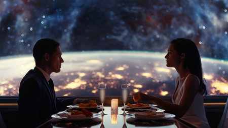 Two diners savor a gourmet meal with a stunning view of Earth in the backgroundの素材