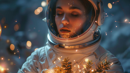 Astronaut experiences a profound moment while surrounded by a cosmic atmosphere in zero gravityの素材