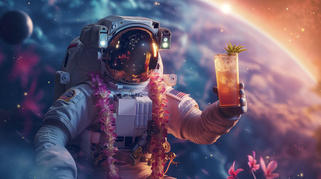 An astronaut sips a tropical drink among the stars, highlighting the joy of space travelの素材
