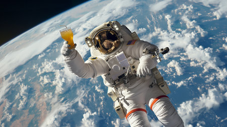 An astronaut raises a drink while floating in zero gravity during a suborbital spaceflightの素材