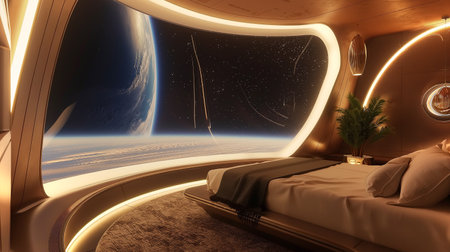 Enjoy a luxurious stay in a space hotel with stunning views of Earth from the windowの素材