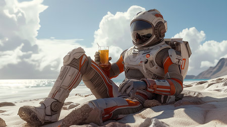 An astronaut sits on a sandy beach, sipping a drink under a bright sky with cloudsの素材
