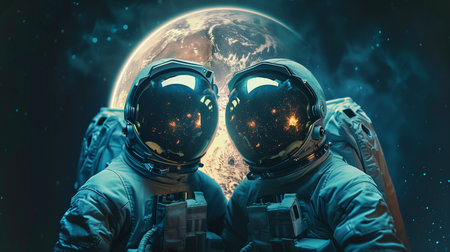 Two astronauts pose against Earths bright colors, stars reflecting in their helmetsの素材