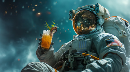 Astronaut sips a cocktail in zero gravity, amidst stars and planetsの素材