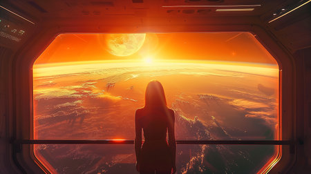 A passenger enjoys a stunning sunrise while gazing at Earth from a suborbital space hotel windowの素材