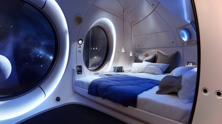 Passengers enjoy a luxurious space hotel room with stunning cosmic views through large windowsの素材
