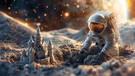 An astronaut builds a sand castle on an alien surface, showcasing space tourisms promiseの素材