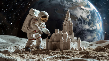 An astronaut constructs a sandcastle on the moon, with Earth visible in the backgroundの素材
