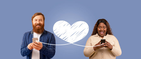 Couple celebrating love on St. Valentines Day with smartphones in handの写真素材