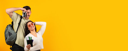 Satisfied millennial arab woman in glasses with passports and tickets and guy traveler with backpack and cameraの写真素材