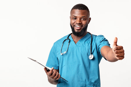 Positive African American man doctor showing thumbs up at cameraの写真素材