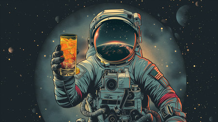 An astronaut enjoys a beverage while floating in zero gravity above Earth, embracing space tourismの素材