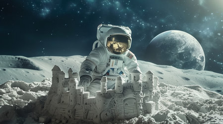 An astronaut constructs a sandcastle on the moons surface in a zero-gravity settingの素材