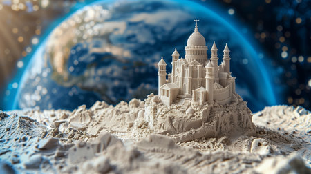 Futuristic lunar hotel design with Earth in the backdrop, showcasing space tourismの素材