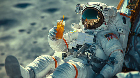 An astronaut is reclining on the moon, sipping a drink and taking in the breathtaking view of spaceの素材