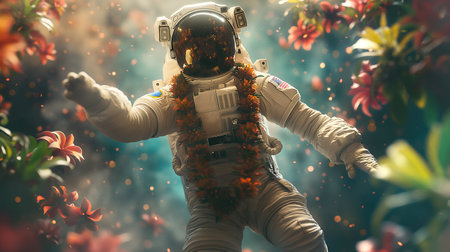 An astronaut floats gracefully in zero gravity amidst colorful flowers, showcasing space tourismの素材
