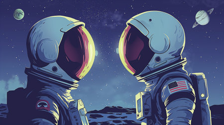 Two astronauts face each other against a cosmic backdrop, ready to embark on a space journeyの素材