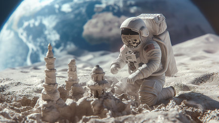 Astronaut kneels on the lunar surface, shaping structures for future space tourism endeavorsの素材
