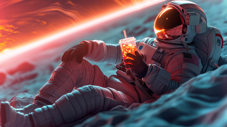 An astronaut relaxes with a drink on the moon during a space tourism tripの素材