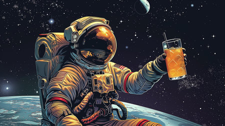 An astronaut holds a drink while floating in zero gravity, with Earth visible belowの素材