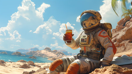 An astronaut relaxes on a sandy beach, sipping a cold drink in an alien landscapeの素材