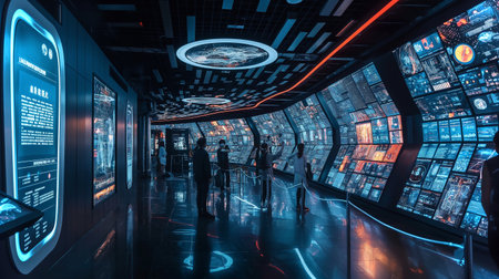 Visitors engage with advanced displays showcasing space tourism innovations and informationの素材