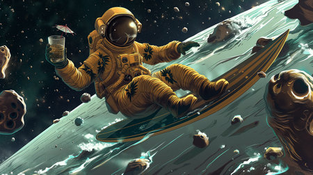 An astronaut enjoys surfing on an asteroid while holding a drink in a zero gravity environmentの素材
