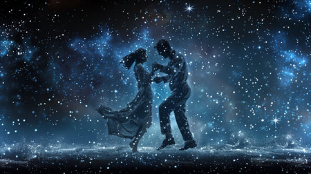 A couple elegantly dances in zero gravity amid a stunning cosmic environment filled with starsの素材
