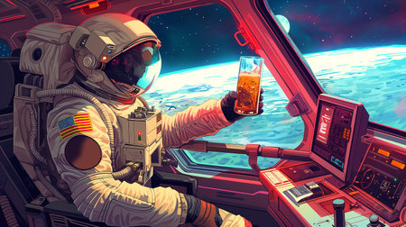 An astronaut enjoys a drink while navigating a suborbital spaceplane above Earthの素材