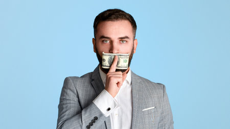 Silenced by money. Young businessman covering his mouth with hundred dollar bill over blue backgroundの写真素材