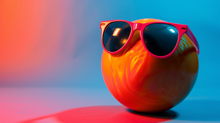 A colorful bowling ball with sunglasses shines on a glowing surface, exuding nightlife vibesの素材