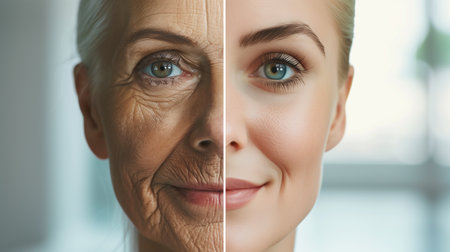 Side by side comparison illustrates the rejuvenating effects of stem cells on aging skinの素材