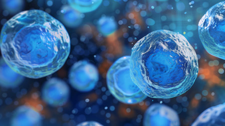 Stem cell clusters are shown in a vibrant blue, emphasizing their regenerative powersの素材