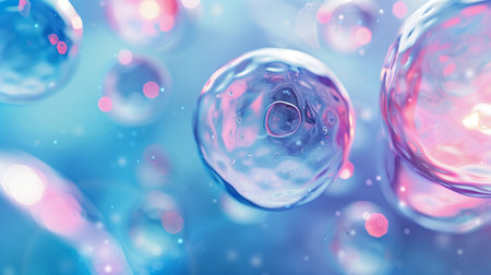 Colorful stem cells float in a vibrant blue and pink background, showcasing their unique structuresの素材