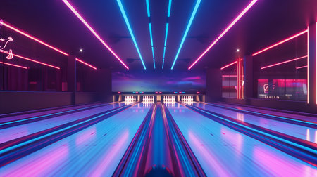 Bowling lanes illuminated by colorful neon lights create an energetic nightlife settingの素材