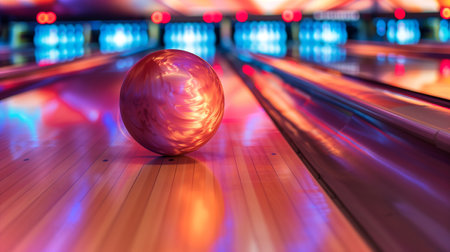 A vibrant bowling ball travels down a shiny lane, surrounded by colorful lights in a lively settingの素材