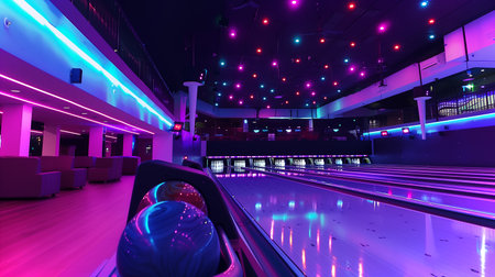 Bowling lanes illuminated with colorful lights set the mood for a fun night out with friendsの素材