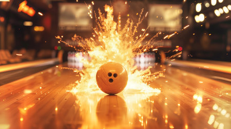 A bowling ball crashes into the pins, creating a vibrant explosion of light and energy at a partyの素材