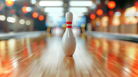 A lone bowling pin illuminated on a sleek lane, embodying the excitement of nightlife fun.の素材
