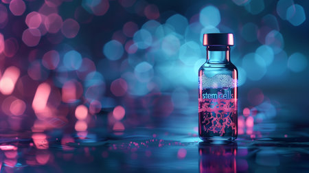 A glass vial containing stem cells stands out against a vibrant lab background with colorful lightsの素材