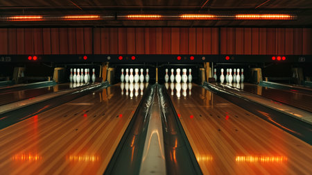 Bowling scene showcasing well-lit lanes and pins, perfect for a lively party atmosphereの素材