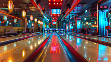 Bowling enthusiasts enjoy a lively evening filled with fun and excitement in a colorful settingの素材