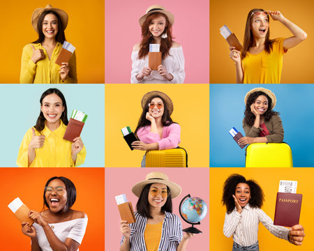 Excited travelers showcasing their vacation plans in vibrant collagesの写真素材