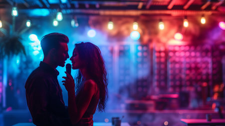 Two people share a close moment while singing karaoke at a lively nightlife partyの素材