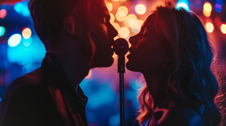 Two friends share a special moment while singing together at a vibrant karaoke partyの素材