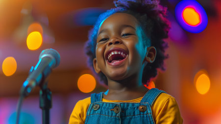 A cheerful young child performs a karaoke song, radiating happiness in a lively party settingの素材
