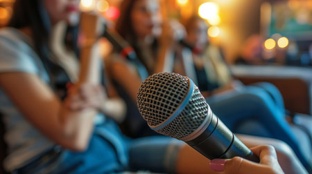Friends gather for a fun karaoke night filled with laughter and music at a lively venueの素材