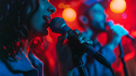 Friends sing their hearts out during an energetic karaoke night filled with enjoyment and laughterの素材